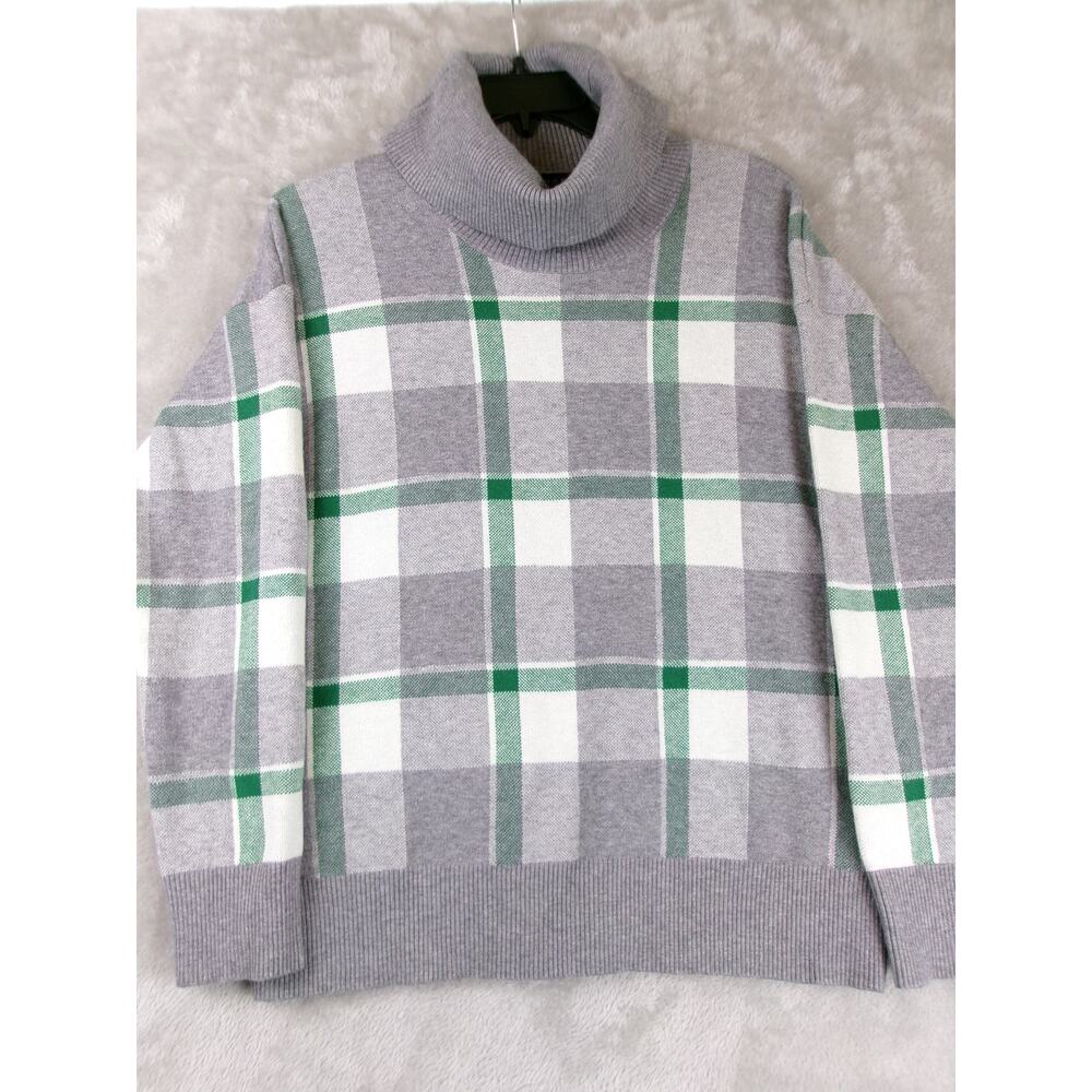 Tahari Plaid Turtleneck Sweater Gray Green Women's Large